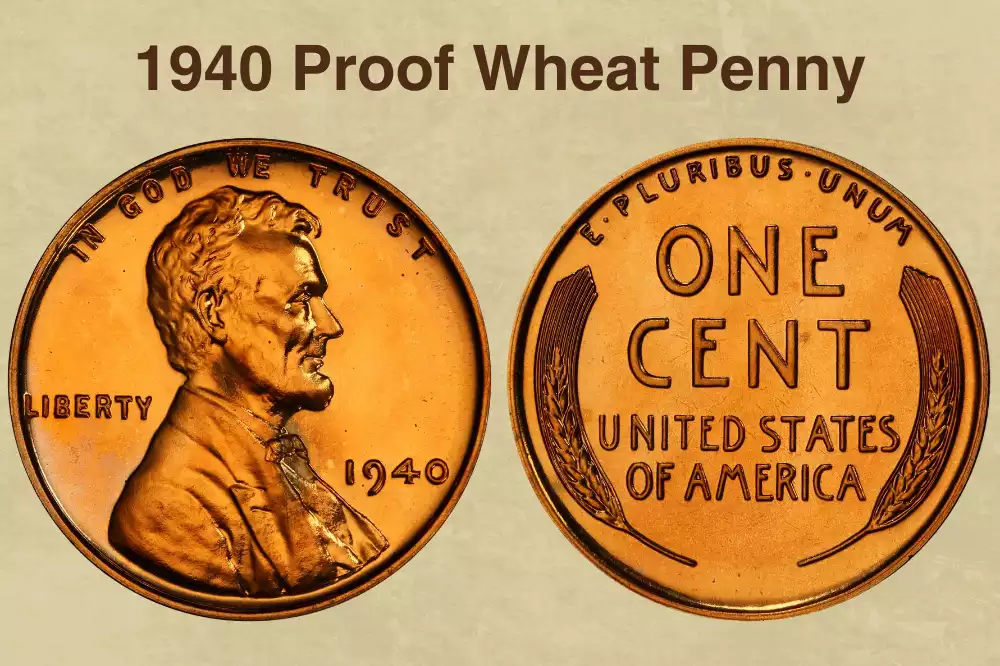 Side-by-side comparison of 1940 wheat penny business strike (left) vs 1940 proof coin (right) showing mirror fields and frosted devices