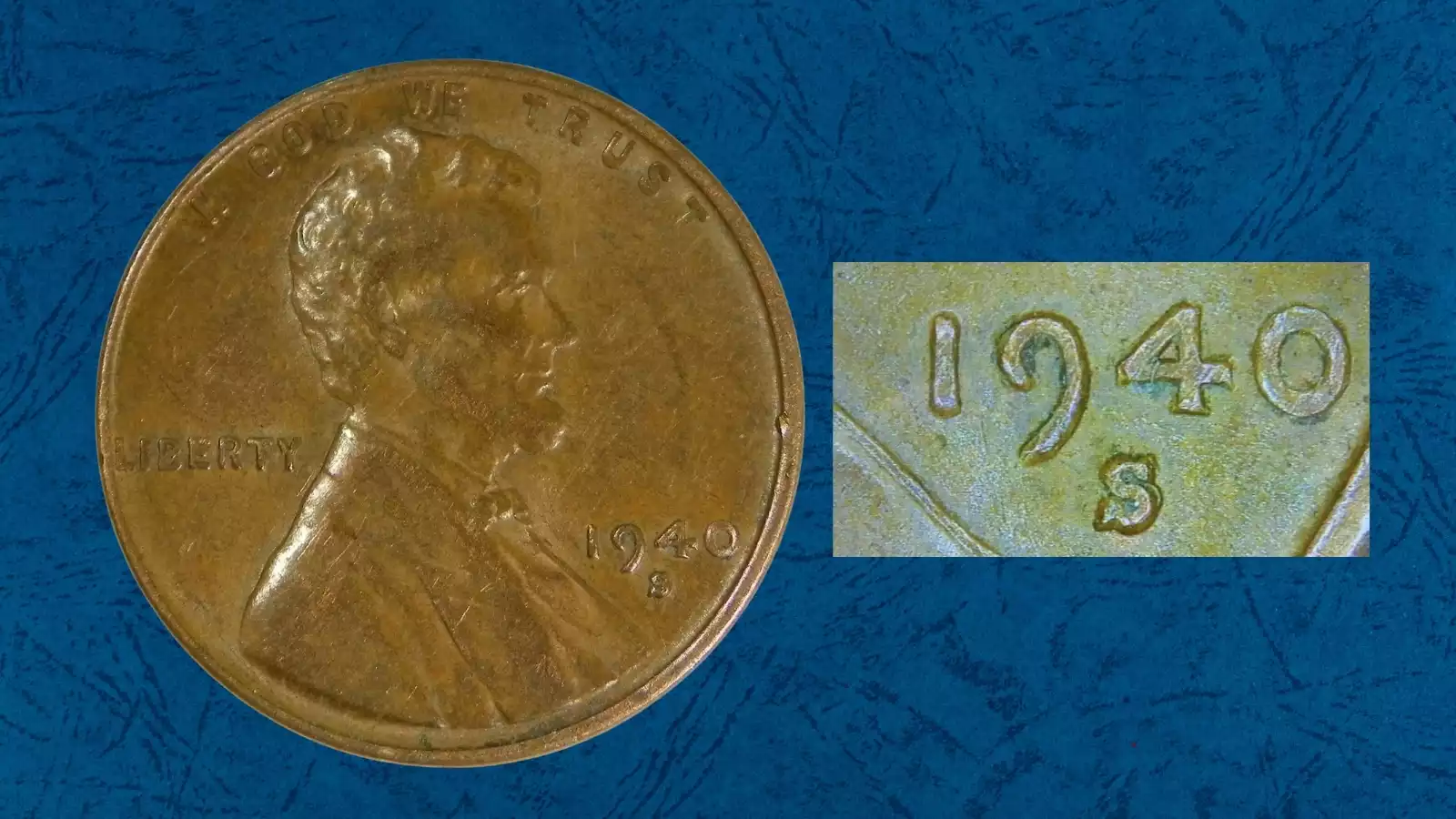 1940-S wheat penny RPM-001 repunched mint mark showing secondary S to the northeast under high magnification