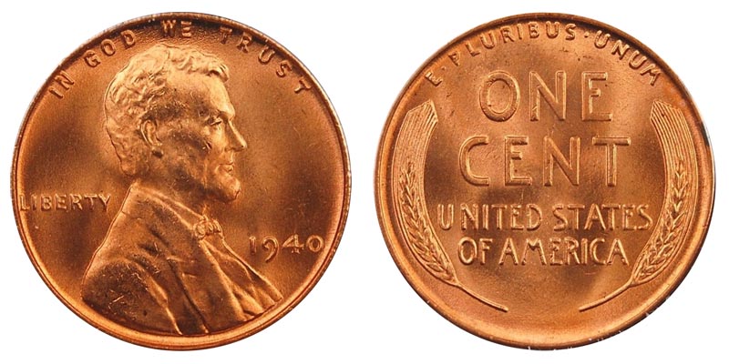 Group of 1940 Lincoln wheat pennies from Philadelphia, Denver, and San Francisco mints showing all three mint marks
